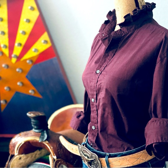 Redid, Redone and Reworked Mens to Ladies Maroon Ruffle Collar Long Sleeve Shirt - Picture 2 of 8